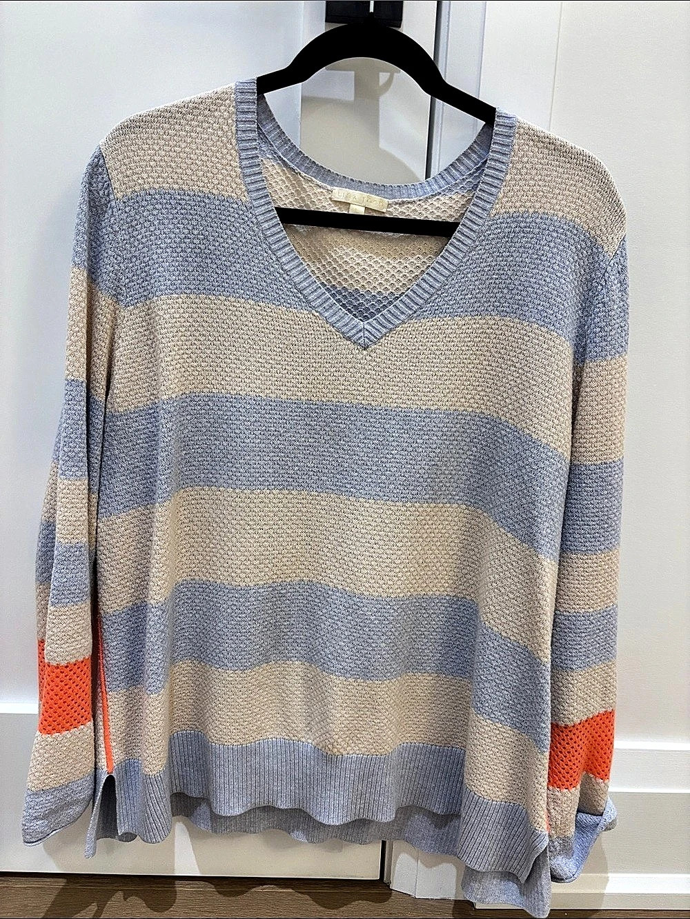 Lisa Todd Striped V-Neck Cotton Sweater in Blue & Beige